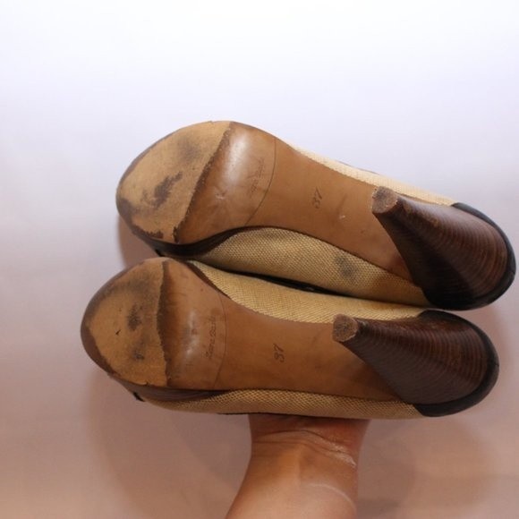 ZARA Peep Toe Canvas Pumps Heels Navy Cream Nautical Style Vintage Sz 37 US 6.5 - Picture 9 of 14